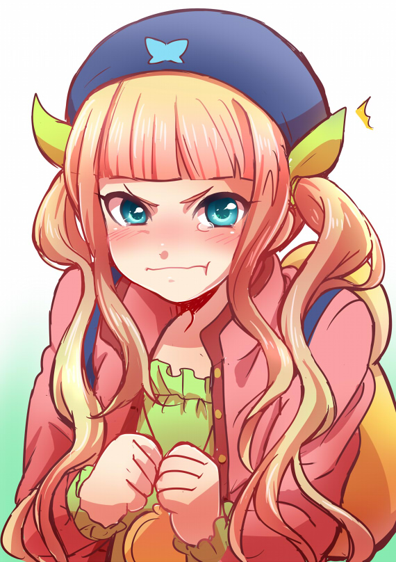 :t, annoyed, backpack, bag, beret, blue_eyes, brown_hair, elle_mel_martha