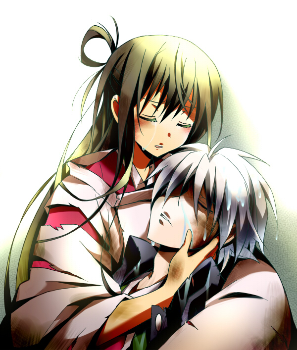 1girl, alternate_hair_color, alternate_hairstyle, blueness_(michikusakan), brown_hair, bruise, closed_eyes, crying_tears, injury, keikain_ryuuji, keikain_yura, long_hair, nurarihyon_no_mago, onmyouji, short_hair, silver_hair, torn_clothes