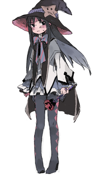 akemi_homura, argyle, argyle_legwear, black_hair, blush, bow, bowtie, cape, frown, halloween, hat, magical_girl, mahou_shoujo_madoka_magica, ogi_(sham00), pantyhose, skirt, solo, sweat, wand, witch_hat