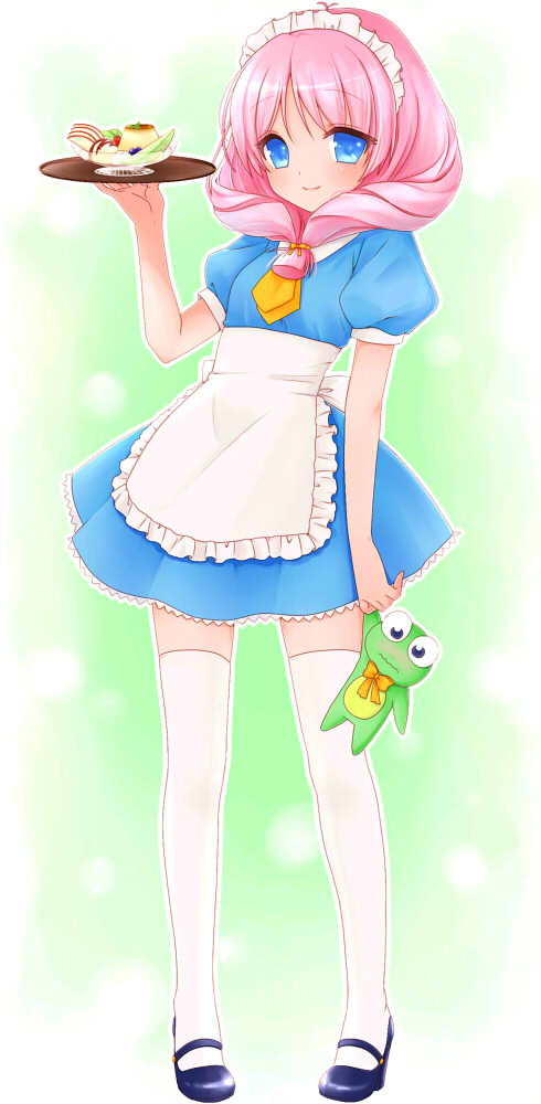 apron, blue_dress, blue_eyes, dress, food, frog, front_ponytail, green_background, ice_cream, maid_headdress, mary_janes, pudding, sakayan, shirayuki_miho, shoes, skirt, smile, solo, thigh-highs, thighhighs, tokimeki_memorial, tokimeki_memorial_2, tray, waitress, white_legwear