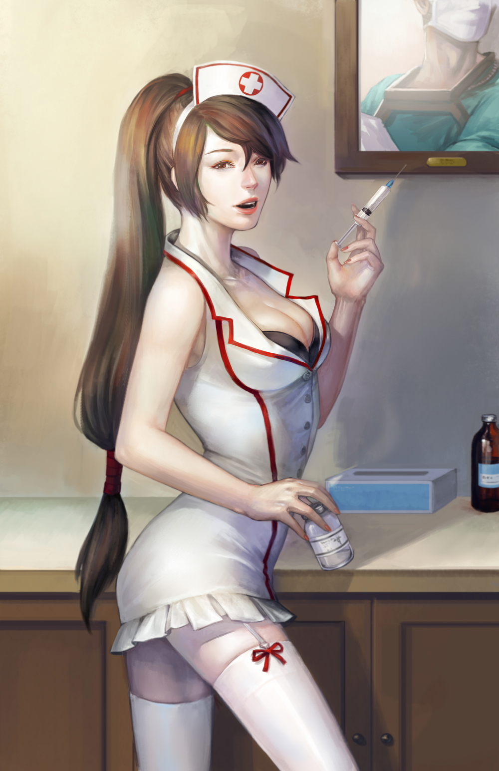 akali, black_bra, bra, breasts, brown_eyes, brown_hair, cleavage, hat
