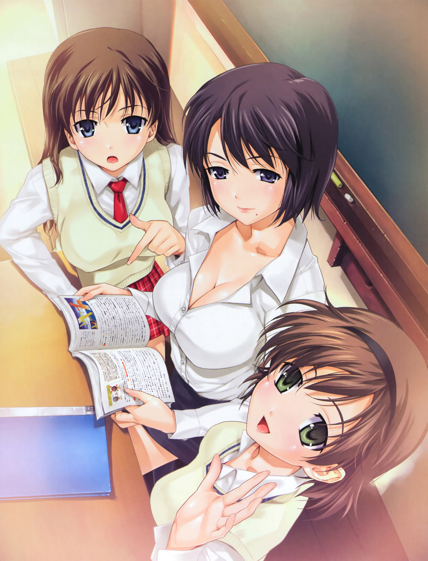 3girls, book, breasts, cleavage, happoubi_jin, highres, honma_natsume, iseshima_aya