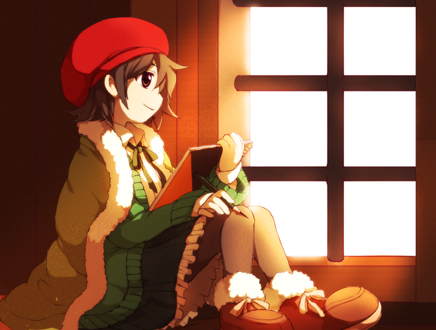 adeleine, beret, black_hair, black_legwear, blanket, brown_eyes, dew-spiegel, hat, kirby_(series), long_sleeves, notebook, pantyhose, pen, short_hair, sitting, skirt, smile, solo, thigh-highs, thighhighs, window