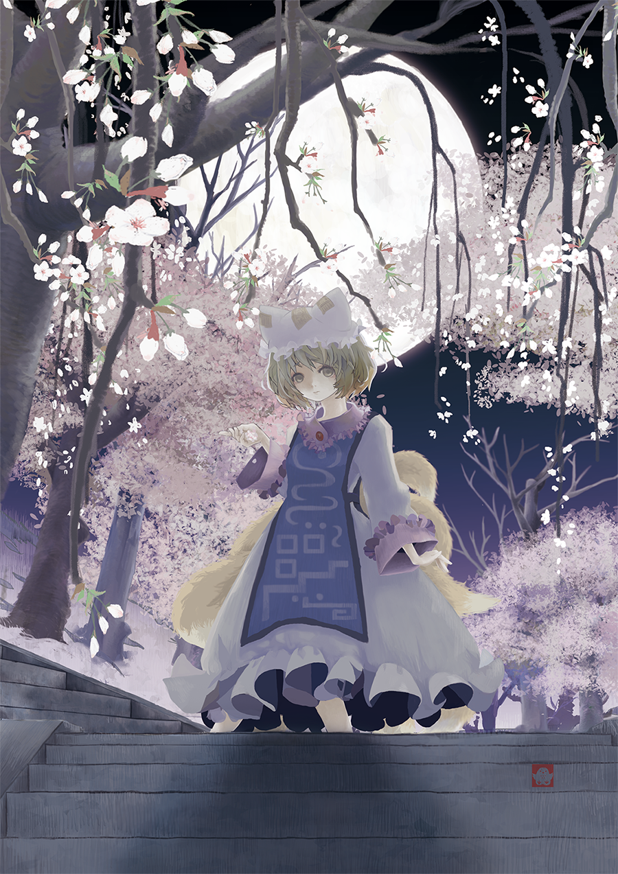 blonde_hair, child, dress, flower, fox_tail, full_moon, hat, highres