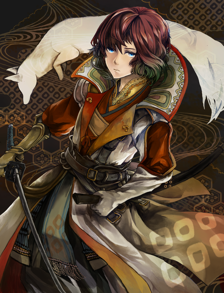 armor, blue_eyes, brown_hair, fox, gauntlets, gradient_hair, green_hair, katana, mi-so, multicolored_hair, original, samurai_armor, sheath, short_hair, sword, traditional_clothes, weapon