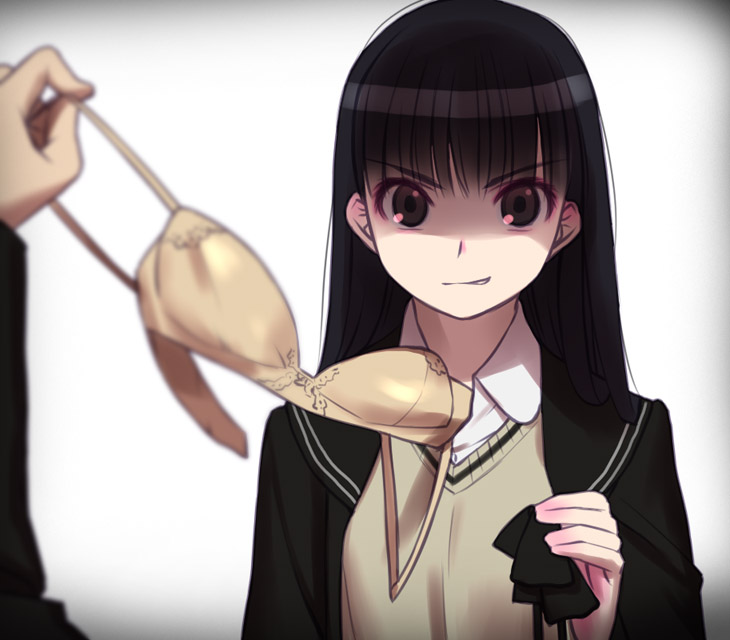 >:|, amagami, ayatsuji_tsukasa, black_eyes, black_hair, bra, bra_removed, holding