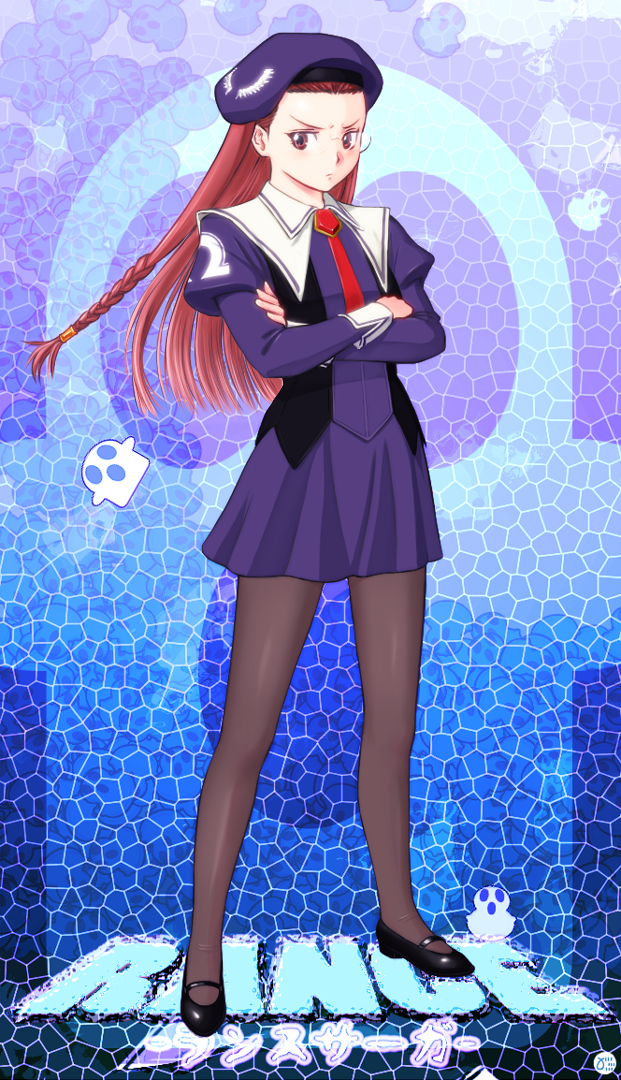 black_legwear, blush, braid, brown_eyes, crossed_arms, gabu, glasses, hat, legs, long_hair, magic_the_gandhi, mary_janes, necktie, pantyhose, rance_(series), red_hair, school_uniform, sengoku_rance, shoes, solo