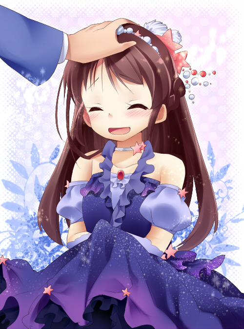 :<, :d, bare_shoulders, blush, brooch, brown_hair, choker, closed_eyes