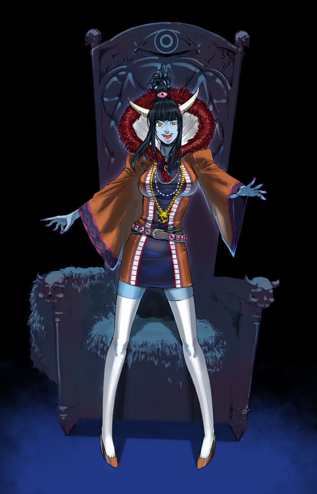 black_hair, blue_skin, dragon_quest, dragon_quest_iii, genderswap, jewelry, long_hair, nail_polish
