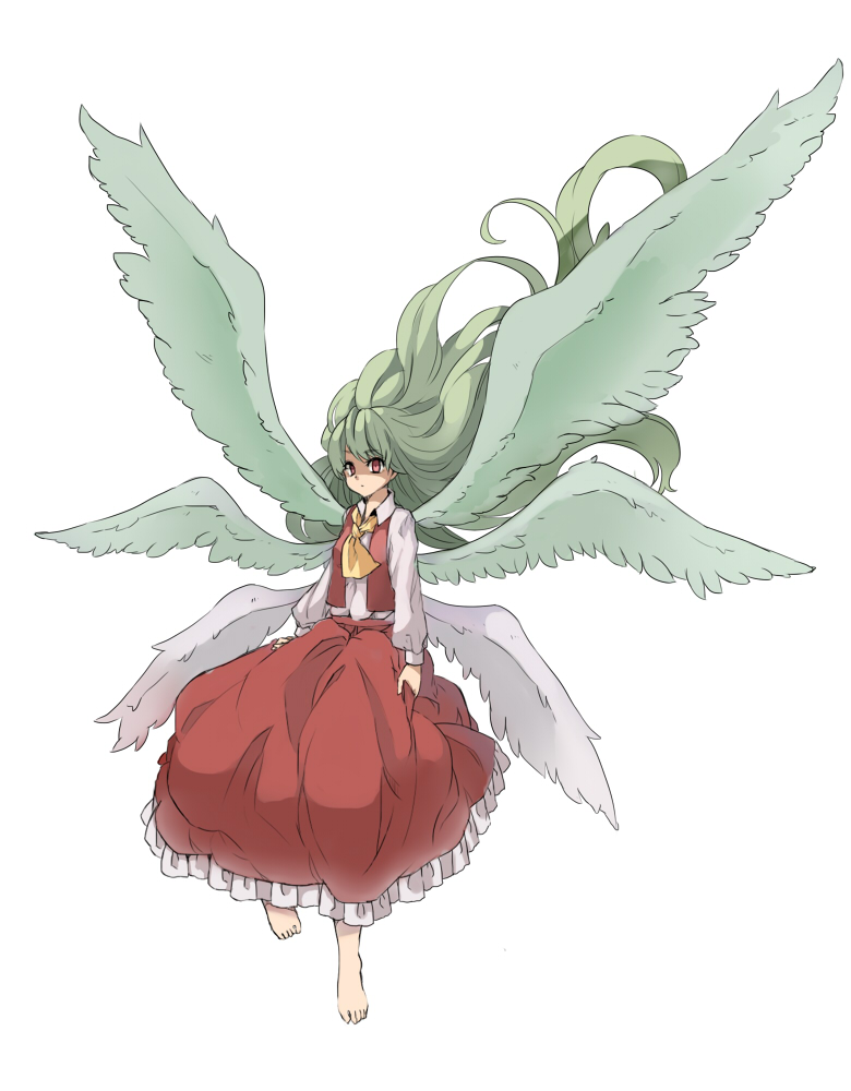 ascot, barefoot, floating_hair, full_body, green_hair, hukasikasi, kazami_yuuka, kazami_yuuka_(pc-98)
