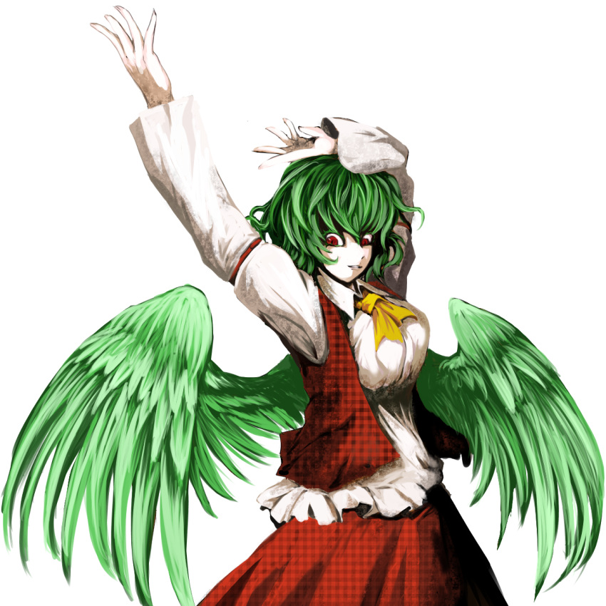 amatou3, arms_up, colored_eyelashes, feathered_wings, green_hair, highres, kazami_yuuka, outstretched_hand