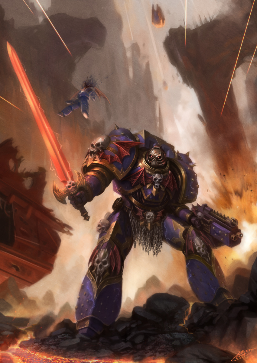 armor, bolter, chain, chaos_space_marine, epic, explosion, highres, molten_rock, okita, realistic, science_fiction, skull, solo, space_marine, sword, warhammer, warhammer_40k, weapon