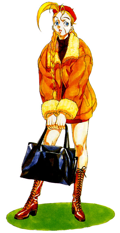 90s, ahoge, bag, beret, blonde_hair, blue_eyes, bomber_jacket, boots, braid, cammy_white, casual, cross-laced_footwear, fur_collar, hat, huge_ahoge, lace-up_boots, long_hair, minakawa_yuka, official_art, scar, shopping_bag, solo, street_fighter, street_fighter_ii, twin_braids