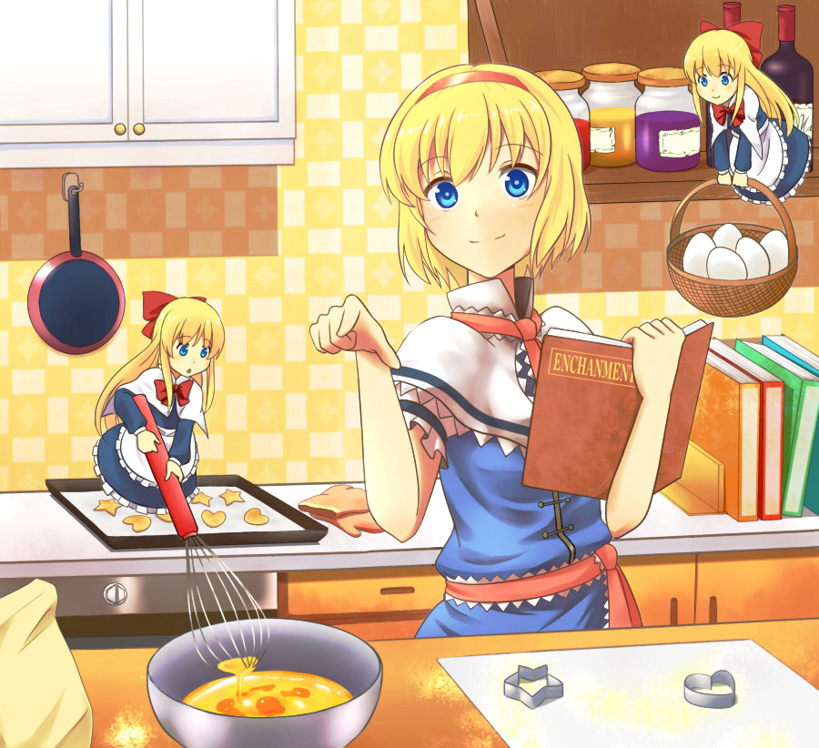 bad_id, blonde_hair, blue_eyes, book, bow, capelet, cookie, cookie_cutters