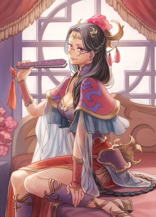 bed, black_hair, braid, breasts, character_request, esukee, fan, flower