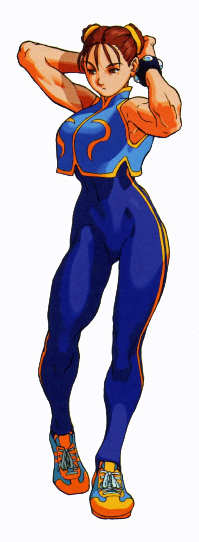 90s, absurdres, adjusting_hair, alternate_costume, armpits, arms_behind_head, arms_up, bare_shoulders