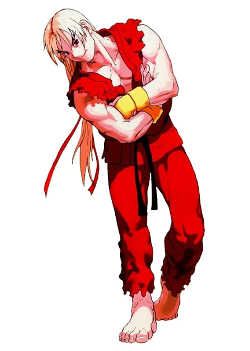 90s, barefoot, bengus, blonde_hair, blue_eyes, capcom, crossed_arms, dougi, eyebrows, hair_ribbon, ken_masters, kote, long_hair, muscle, official_art, ponytail, ribbon, smile, solo, street_fighter, thick_eyebrows, torn_clothes, torn_sleeves, x-men_vs._street_fighter, x-men_vs_street_fighter