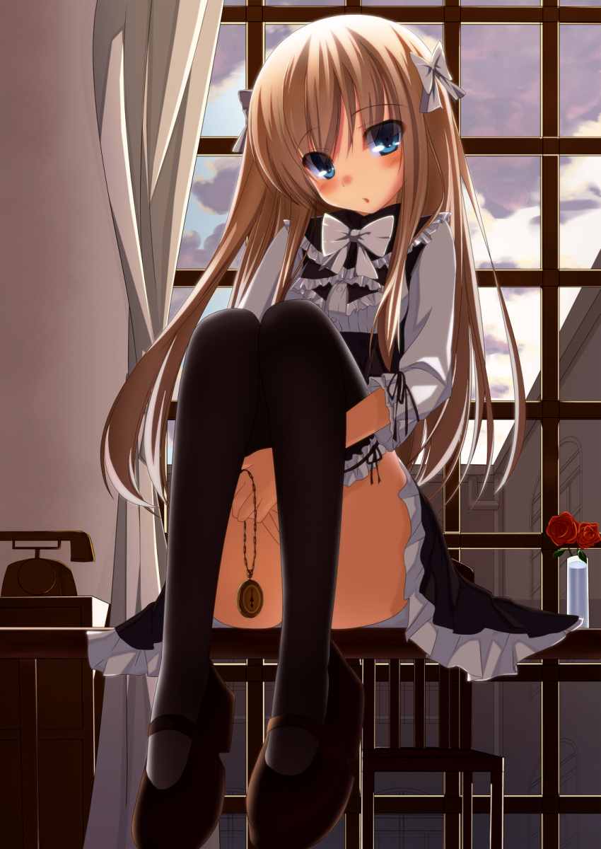 black_legwear, blonde_hair, blue_eyes, blush, bow, chair, curtains, flower, hair_bow, highres, holding, legs_up, long_hair, looking_at_viewer, original, pastel-pastel, phone, red_rose, rose, sitting, skirt, solo, table, thigh-highs, thighhighs, window