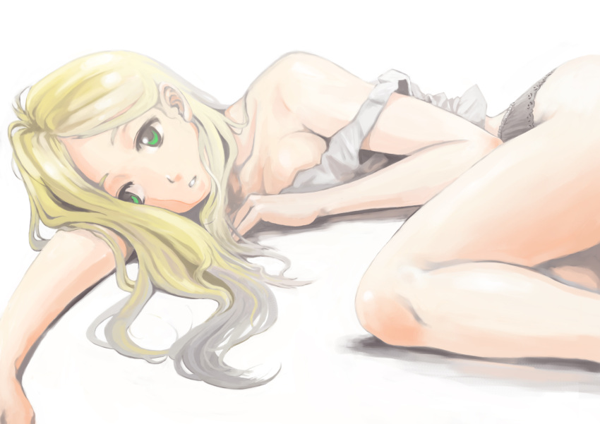 black_panties, fullmetal_alchemist, green_eyes, highres, lying, naao, on_side, panties, solo, tank_top, underwear, winry_rockbell