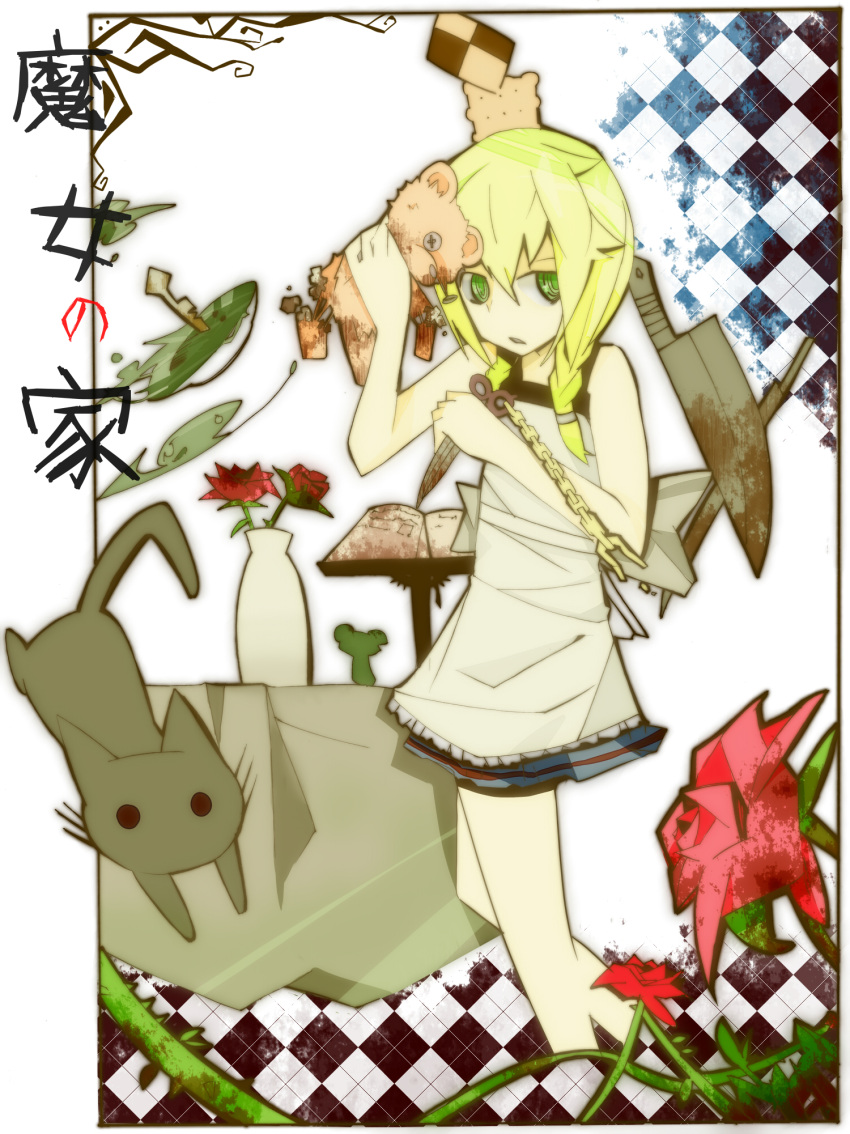blonde_hair, blood, braid, cat, green_eyes, highres, key, knife