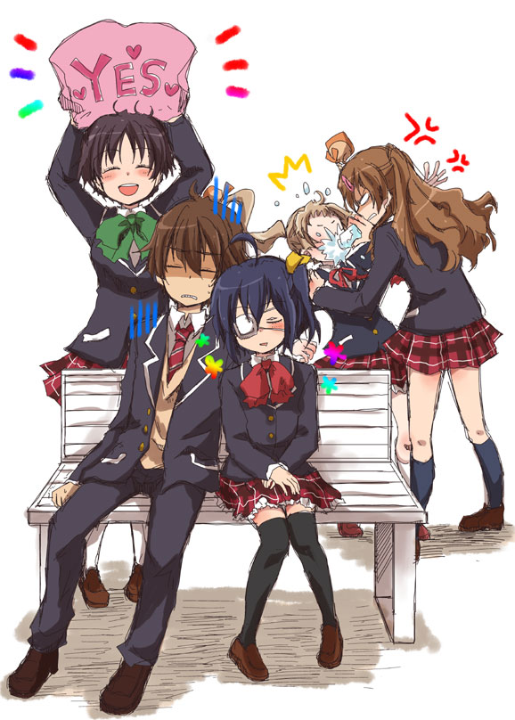 4girls, :d, ^_^, ahoge, akiki, anger_vein, bench, black_legwear