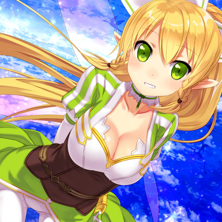 blonde_hair, blush, braid, breasts, buntan, cleavage, cloud, clouds