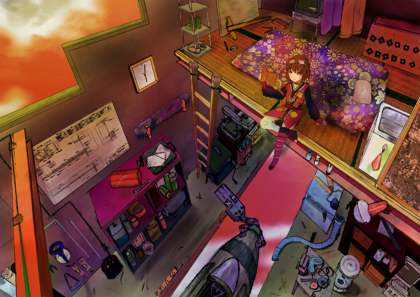 backpack, bag, book, bookshelf, brown_hair, clock, computer, eraser, futon, garbage_can, gas_tank, hand_drill, highres, light, mismatched_legwear, pencil, pillow, pliers, reading, rita_mordio, ruler, ryoun, sewing_machine, shoes, short_hair, tales_of_(series), tales_of_vesperia, television, tools, trash_can, trunk, wrench