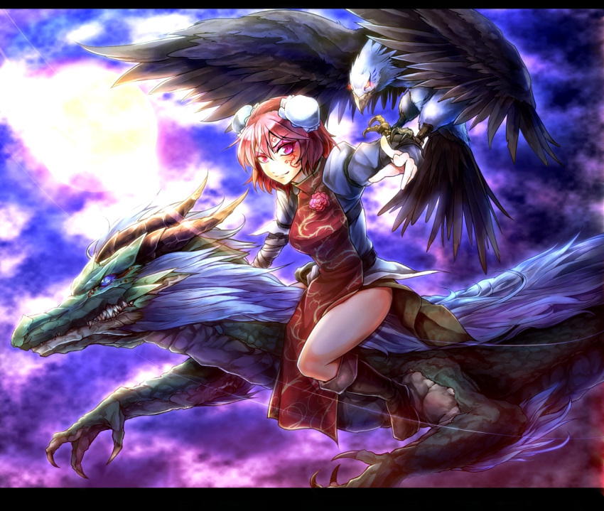bandage, bandages, bird, blue_eyes, boots, claws, double_bun, dragon
