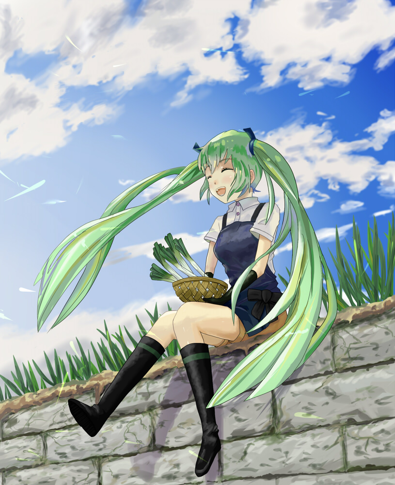 grass, green_hair, happy, hatsune_miku, ryoun, sitting, smile, spring_onion