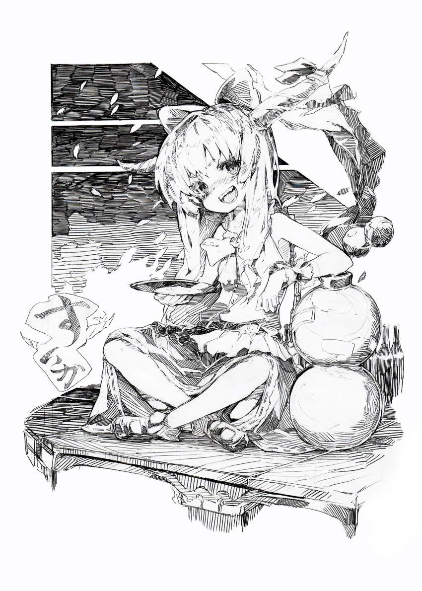 1girl, absurdres, artist_request, bell, bottle, bow, crossed_legs, fangs