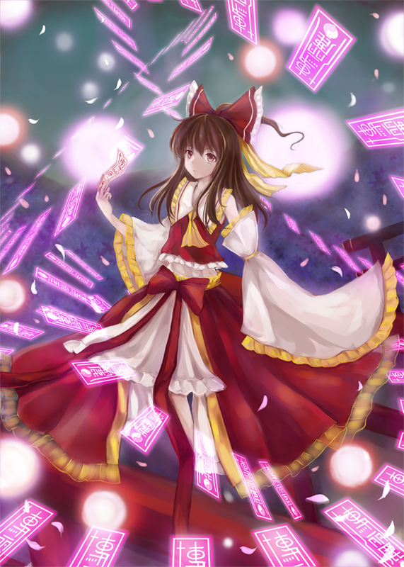 ascot, bow, brown_hair, danmaku, detached_sleeves, hair_bow, hakurei_reimu, long_hair, ofuda, red_eyes, skirt, solo, torii, touhou, zszero
