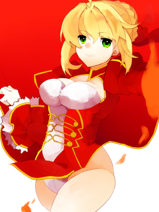 1girl, ahoge, blonde_hair, bottomless, breasts, dress, epaulettes, fate/extra