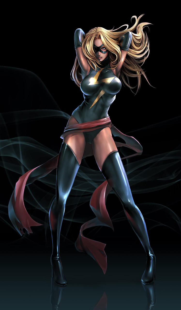 arms_behind_head, arms_up, black_legwear, black_thighhighs, blonde_hair, blue_eyes, boots, breasts