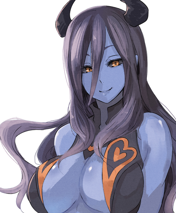 bare_shoulders, black_hair, black_sclera, blue_skin, breasts, bust, character_request, demon_horns