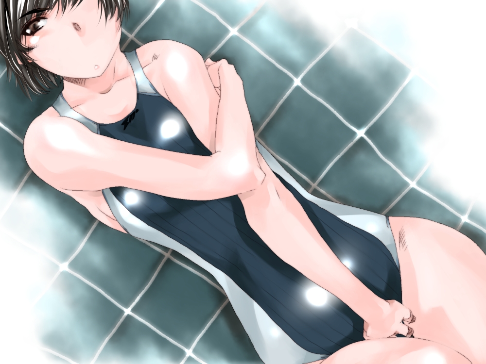 amagami, between_legs, black_eyes, black_hair, blush, breasts, competition_swimsuit, crossed_arms, large_breasts, looking_at_viewer, lying, mike156, on_back, one-piece_swimsuit, ponytail, short_hair, solo, swimsuit, tsukahara_hibiki, wink