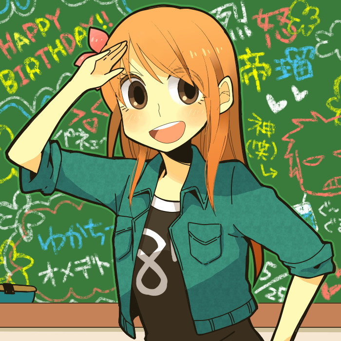 1girl, beelzebub_(manga), brown_eyes, chalkboard, flower, hair_flower, hair_ornament, haku_le