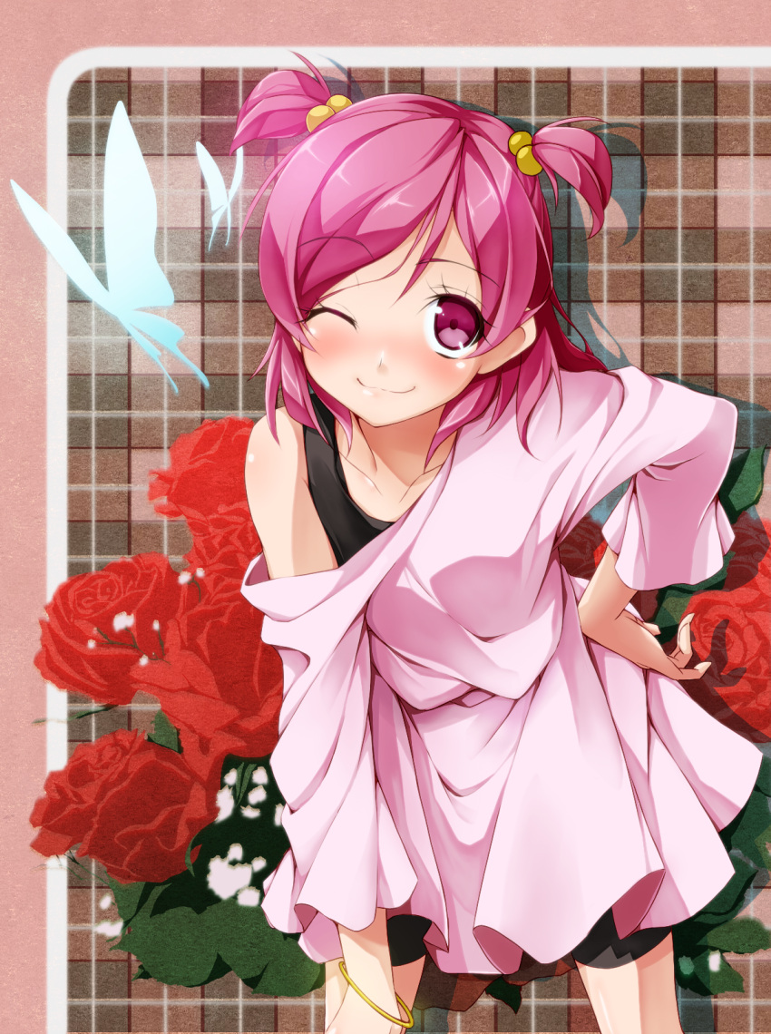 ;), bangle, blush, body_blush, bracelet, butterfly, collarbone, dam-miyuki, flower, hair_bobbles, hair_ornament, hand_on_hip, highres, jewelry, leaning_forward, looking_at_viewer, off_shoulder, pink_eyes, pink_hair, precure, red_rose, rose, solo, twintails, wink, yes!_precure_5, yumehara_nozomi