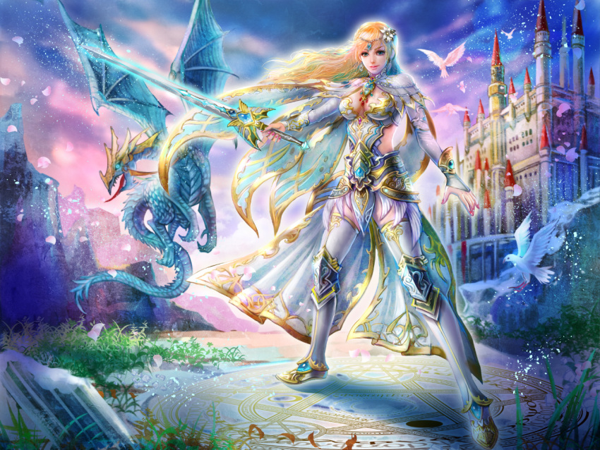 armor, bird, blonde_hair, blue_eyes, castle, dragon, flower, grass