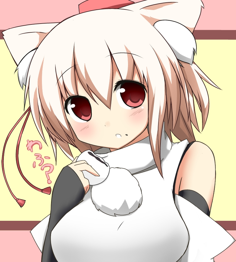 animal_ears, blush, bust, detached_sleeves, eating, gauntlets, hat, inubashiri_momiji, looking_at_viewer, meatball, mii, red_eyes, shirt, short_hair, silver_hair, solo, tokin_hat, touhou, wolf_ears, woof