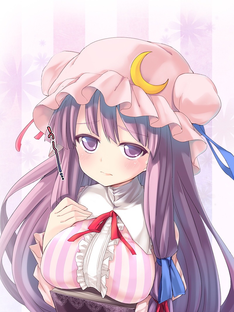 blush, book, breasts, bust, crescent, double_bun, hair_ribbon, hat