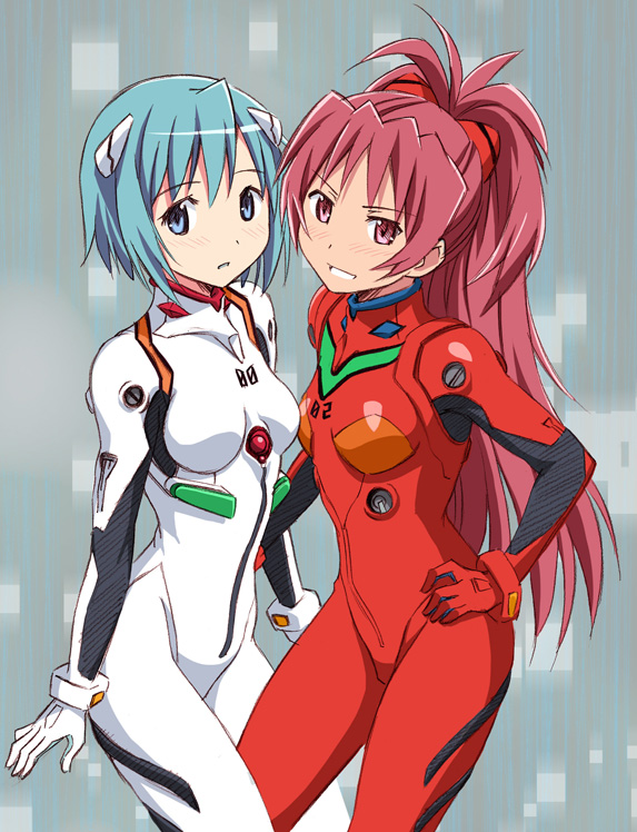 2girls, alternate_costume, ayanami_rei, ayanami_rei_(cosplay), ayukko_(forest_village), blue_eyes, blue_hair, blush