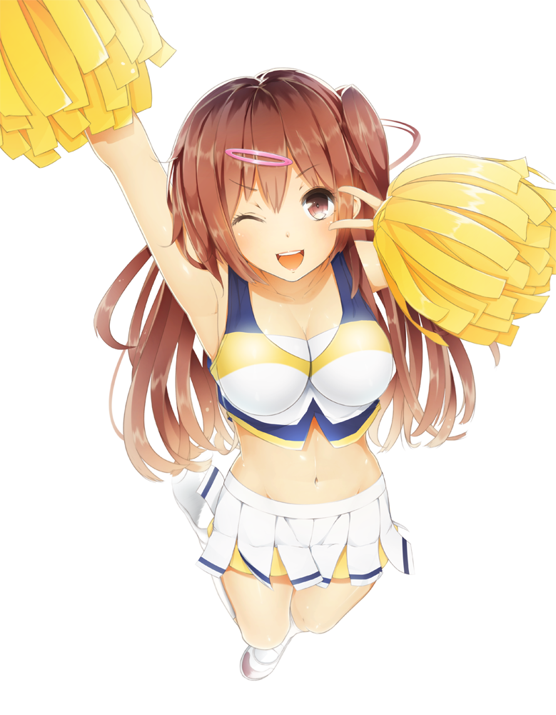>:d, :d, arm_up, blush, breasts, brown_hair, cheerleader, chuunibyou_demo_koi_ga_shitai!, from_behind, hair_ornament, hairclip, holding, long_hair, midriff, navel, nibutani_shinka, nosaki_viola, one_side_up, open_mouth, pink_eyes, pom_poms, shoes, skirt, smile, solo, uwabaki, v, v_over_eye, white_background