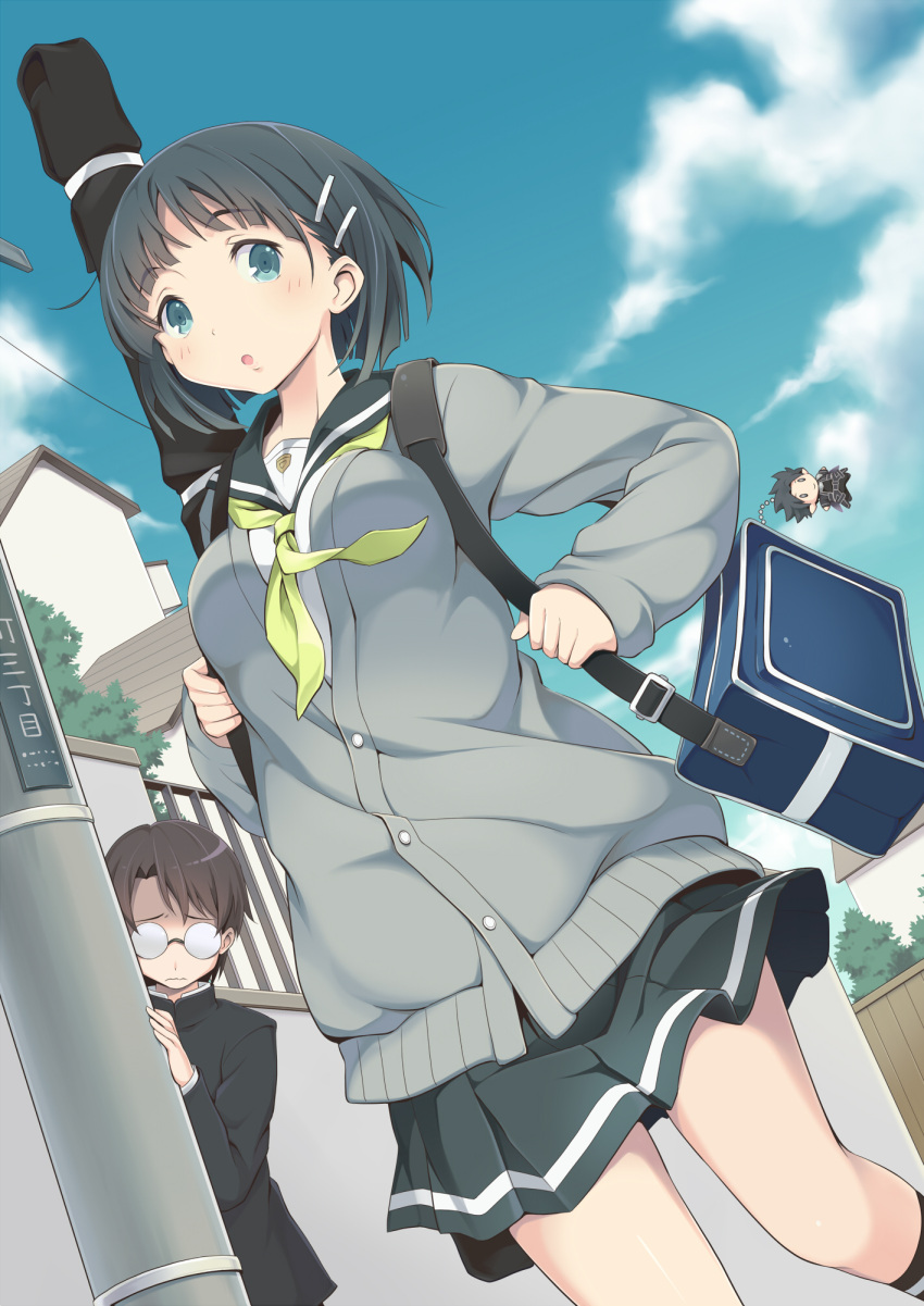 1girl, bag, black_hair, blue_eyes, blush, cardigan, character_doll, furumiya_haiji