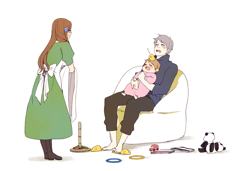 axis_powers_hetalia, baby, blush, book, boots, brown_hair, couch, dress, family, flower, good_end, hair_flower, hair_ornament, hissiu, hug, hungary_(hetalia), if_they_mated, jewelry, long_hair, prussia_(hetalia), ring, saliva, short_hair, silver_hair, sitting, sleeping, slippers, smile, stuffed_animal, stuffed_panda, stuffed_toy, toy