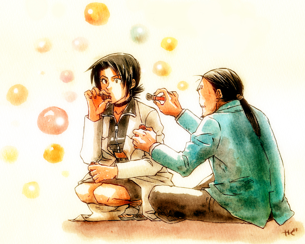 1girl, black_hair, bubble, bubble_blowing, choker, facial_hair, hasegawa_haruka, labcoat