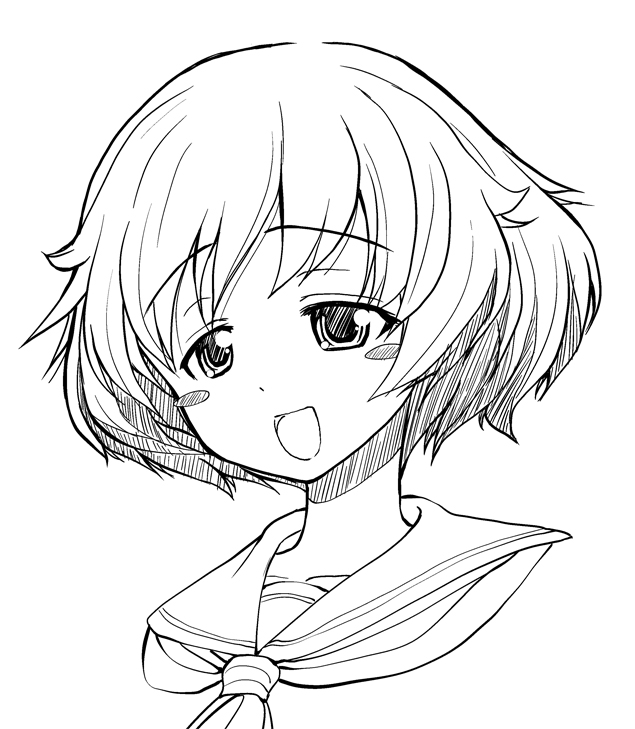 1girl, akiyama_yukari, artist_request, blush, bust, collarbone, girls_und_panzer, lineart