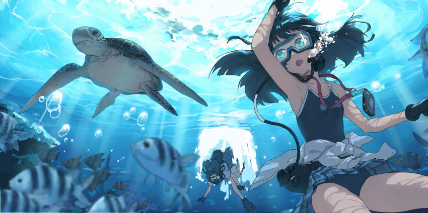 >_<, arm_up, armpits, black_gloves, black_hair, blue_eyes, bubble, camera