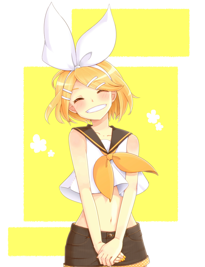 blonde_hair, blush, grin, hair_ornament, hair_ribbon, hairclip, kagamine_rin, kingyo_(g-fish)