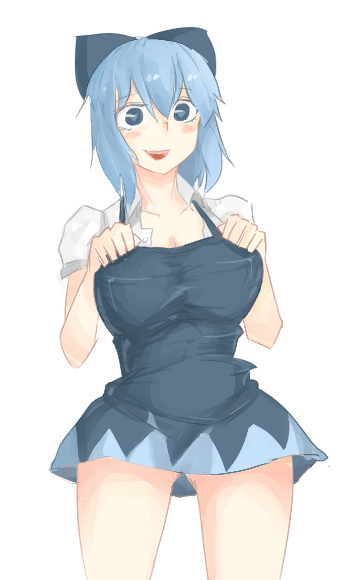1girl, adult, blue_eyes, blue_hair, blush, breasts, cirno, cleavage, dress, large_breasts, minidress, popl, short_hair, smile, solo, touhou