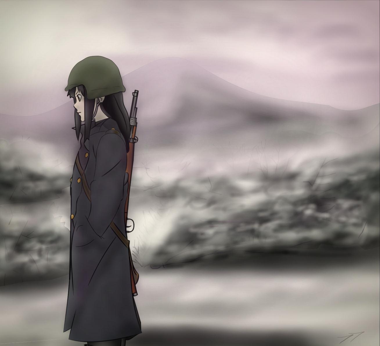 black_hair, black_legwear, brown_eyes, endlessgr8, gun, helmet, military, military_uniform